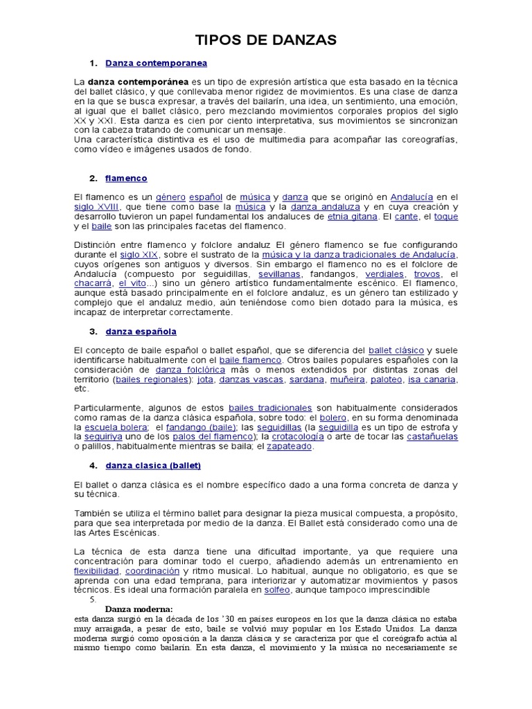 10 TIPOS de DANZAS y 10 Con Movimiento Completo | PDF | Ballet | Bailes