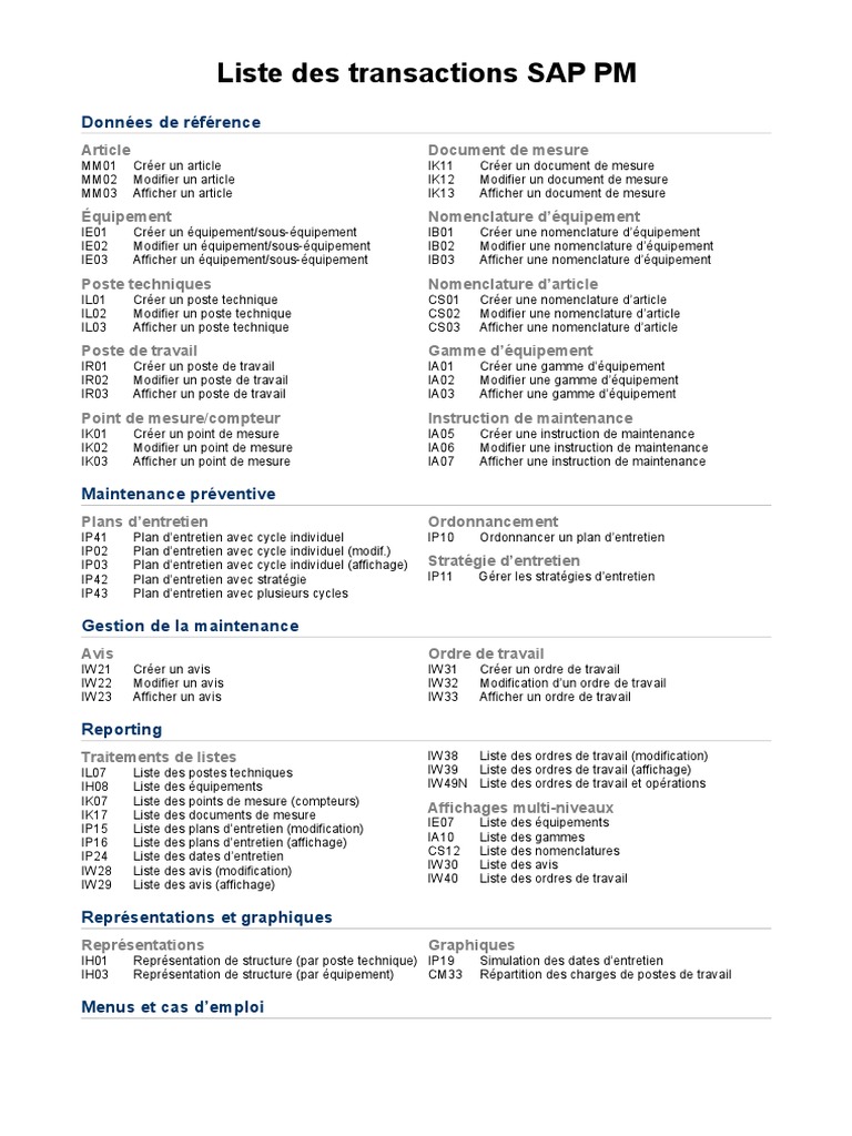 Liste des transactions SAP PM | PDF | Informatique | Informatique et ...