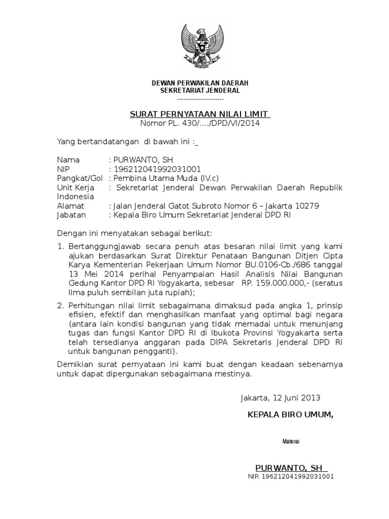 Surat Pernyataan Nilai Limit Lelang | PDF | Pengelolaan Keuangan & Uang ...