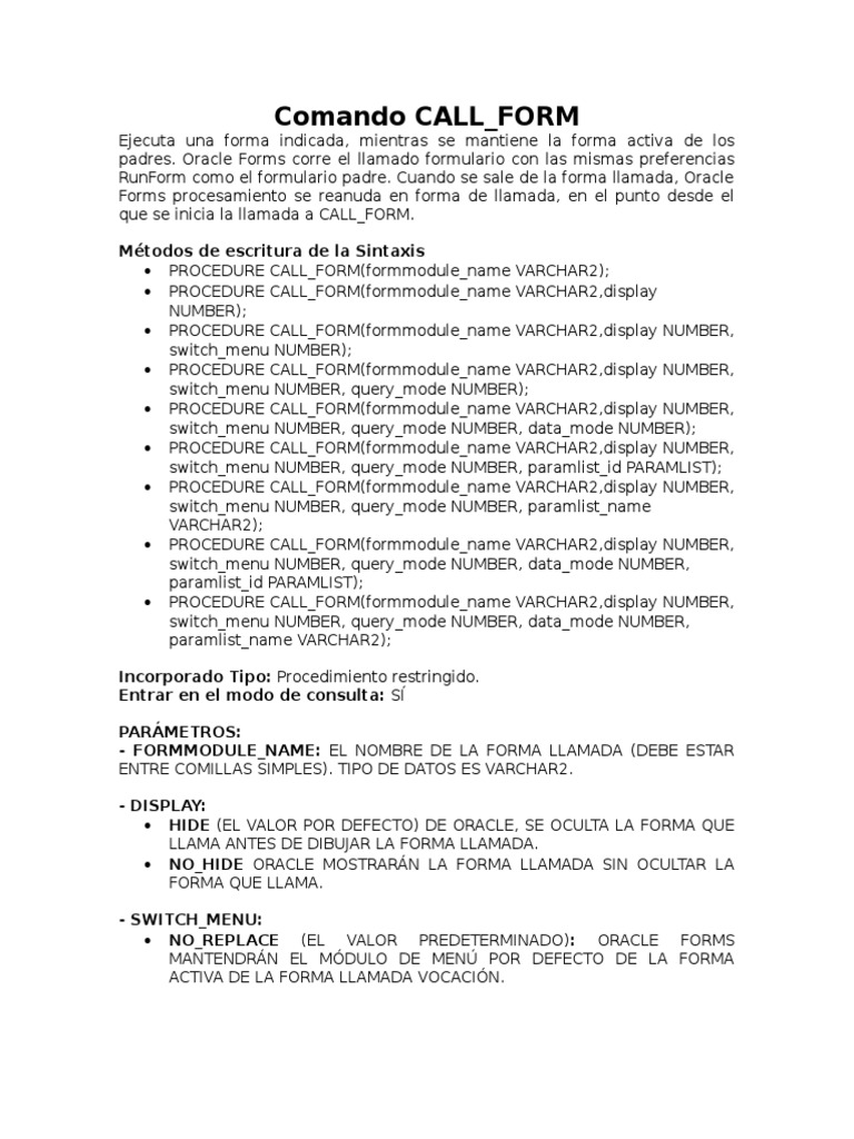 Uso del Comando CALL_FORM en Oracle | PDF