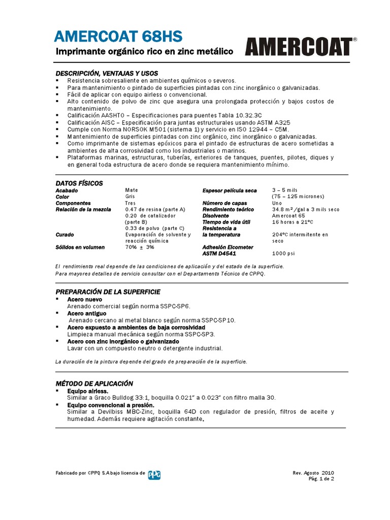 Imprimante Amercoat 68HS: Características y Usos | PDF | Zinc | Pintar