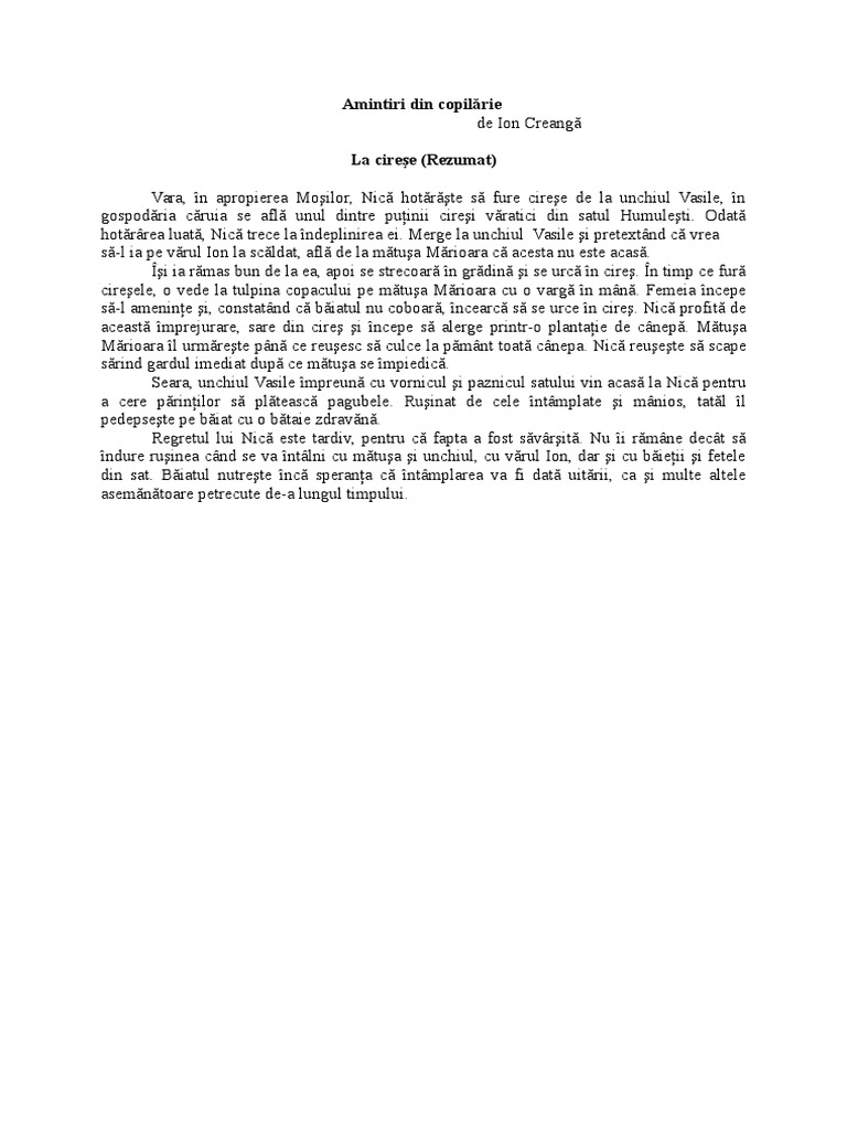 Ion Creanga Amintiri Din Copilarie Rezumat Pe Scurt La Cireşe, Rezumat | PDF