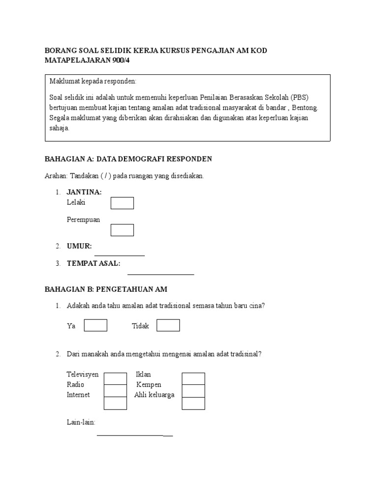 Borang Soal Selidik Kerja Kursus Pengajian Am Faiz