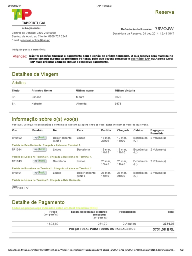 TAP Portugal reserva de voo.pdf Lisboa Cartão de crédito