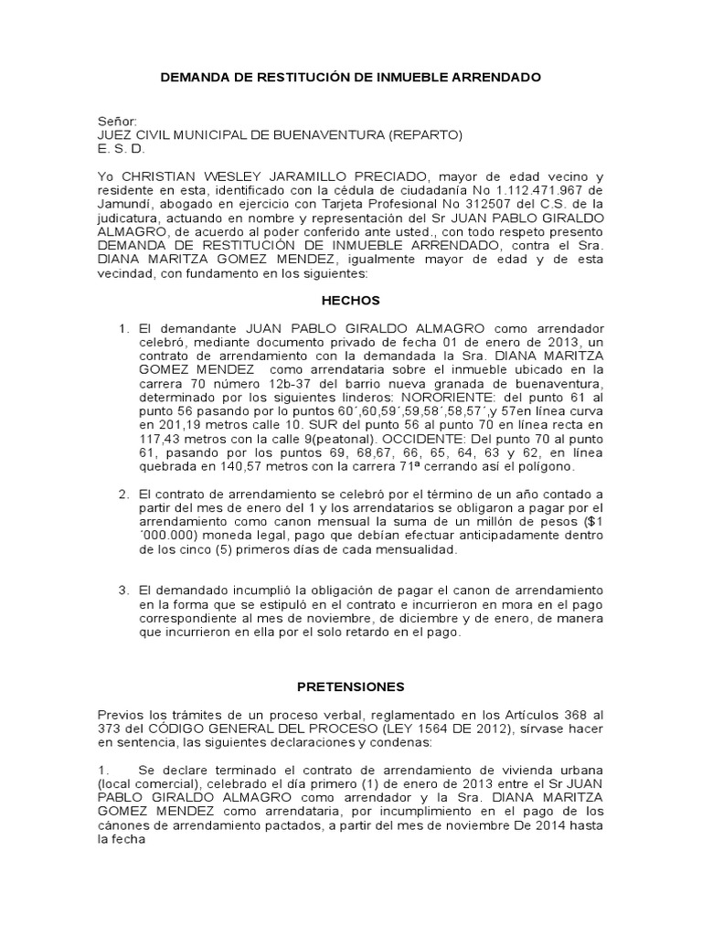 Modelo Demanda de Restitucion de Bien Inmueble Urbano Arrendado ...