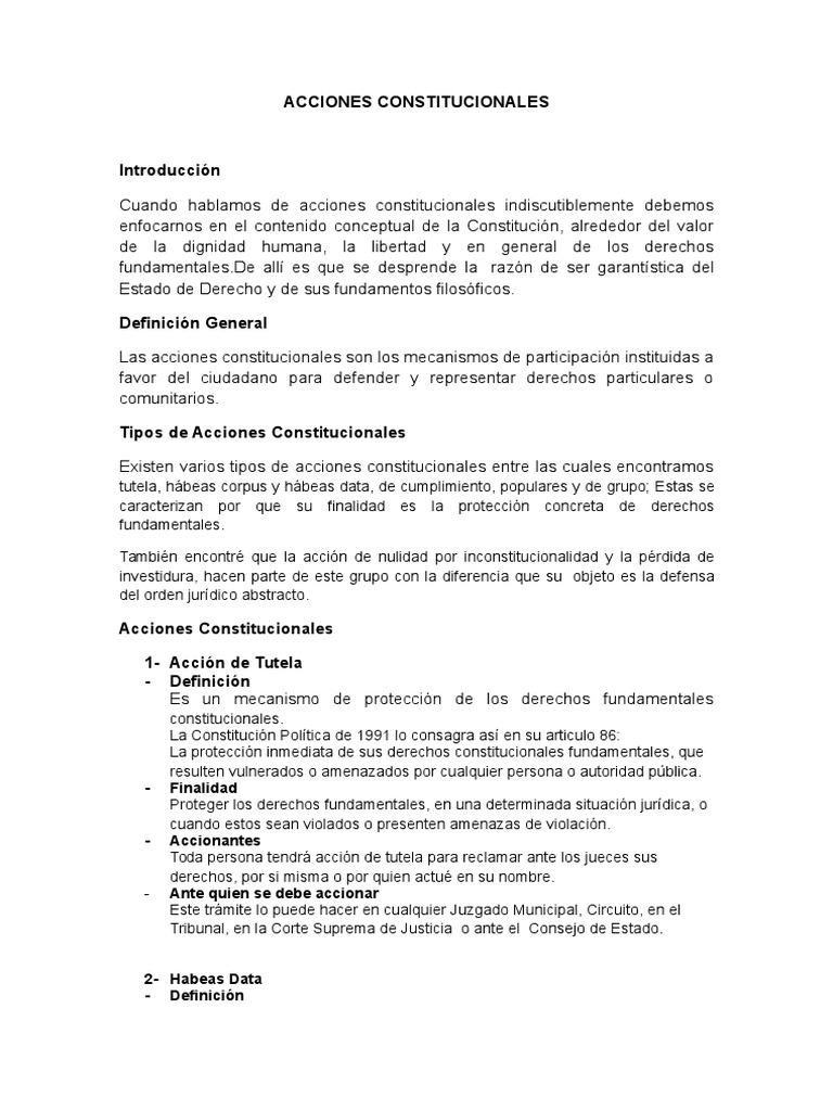 Tipos de Acciones Constitucionales en Colombia | PDF | Habeas corpus ...