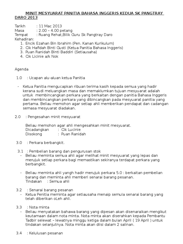 Minit Mesyuarat Panitia Bahasa Inggeris Pdf