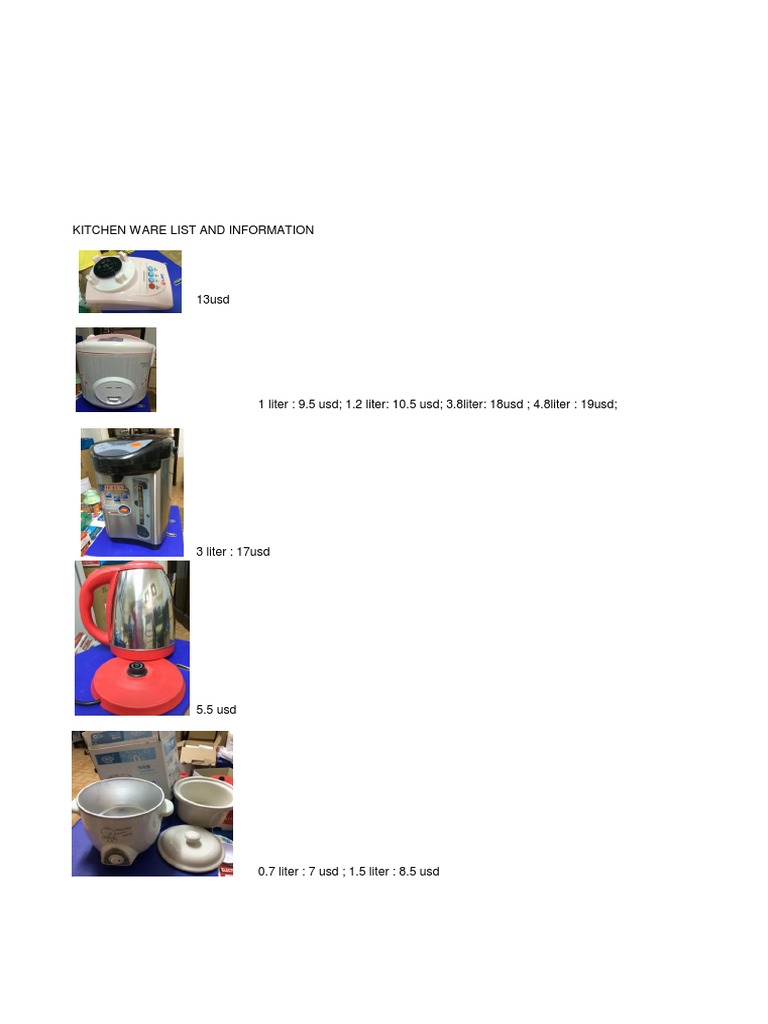 Kitchen Ware List and Information | PDF