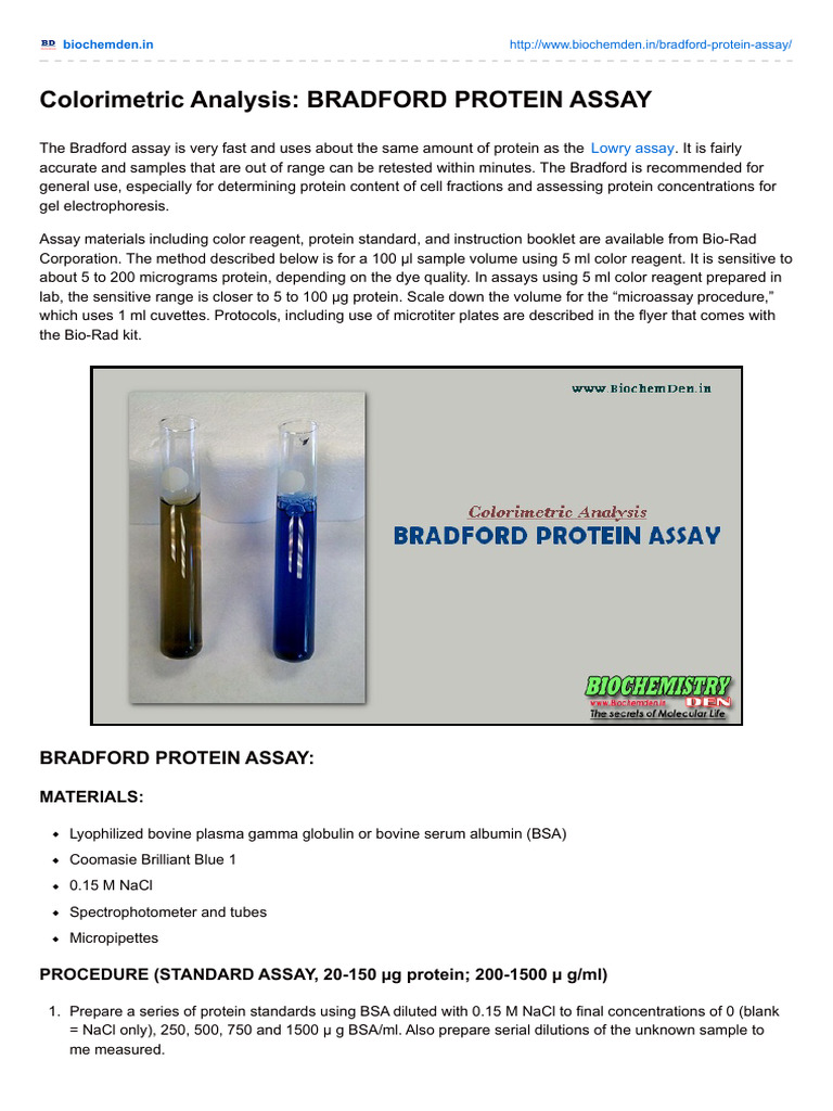 Colorimetric Analysis Bradford Protein Assay PDF Laboratory