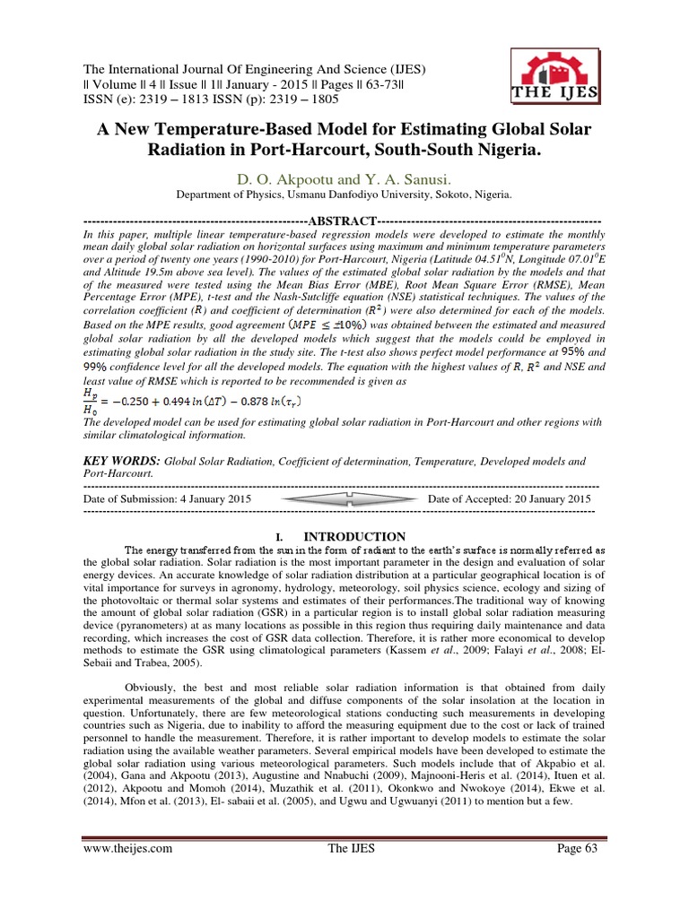 A New Temperature-Based Model For Estimating Global Solar Radiation in ...