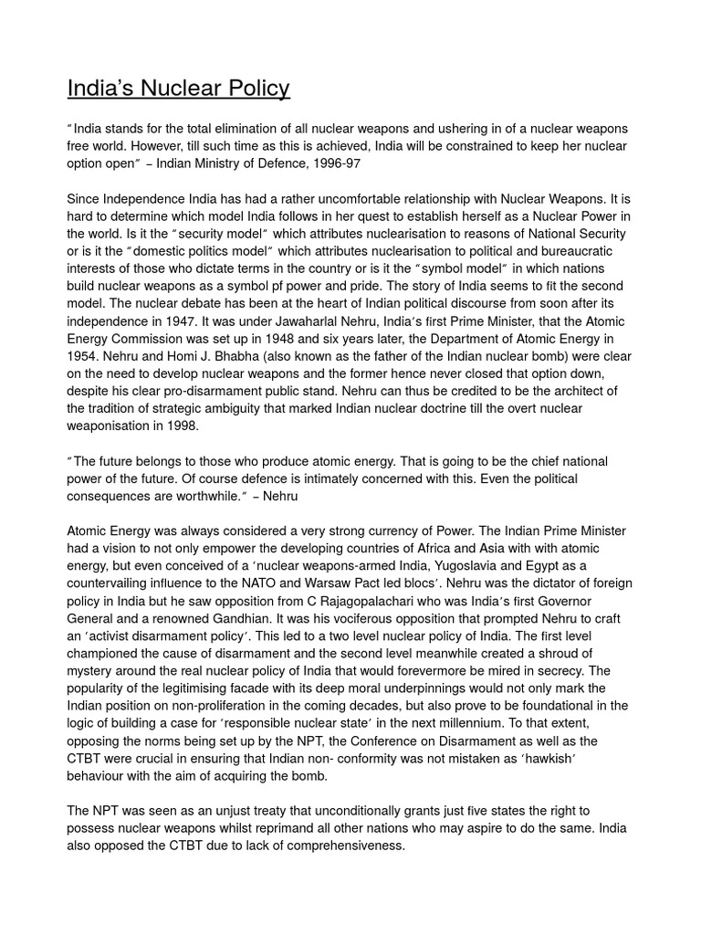 Nuclear Policy of India | PDF | Nuclear Weapons | Treaty On The Non ...