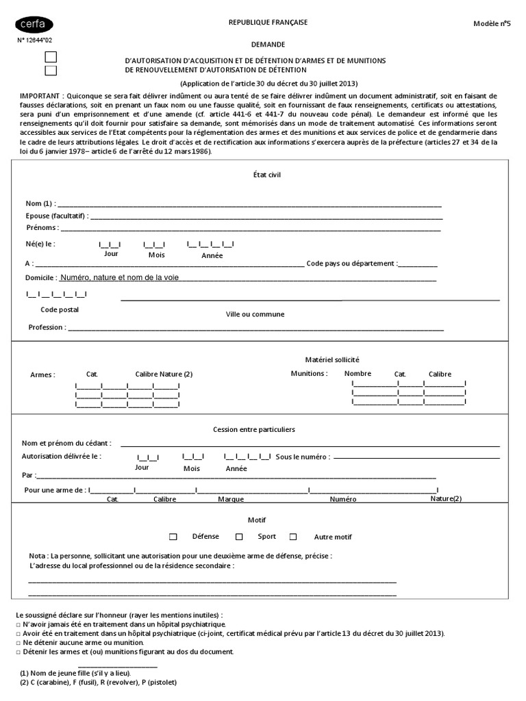 CERFA 1264402 Demande Acquisition Arme Chargeur