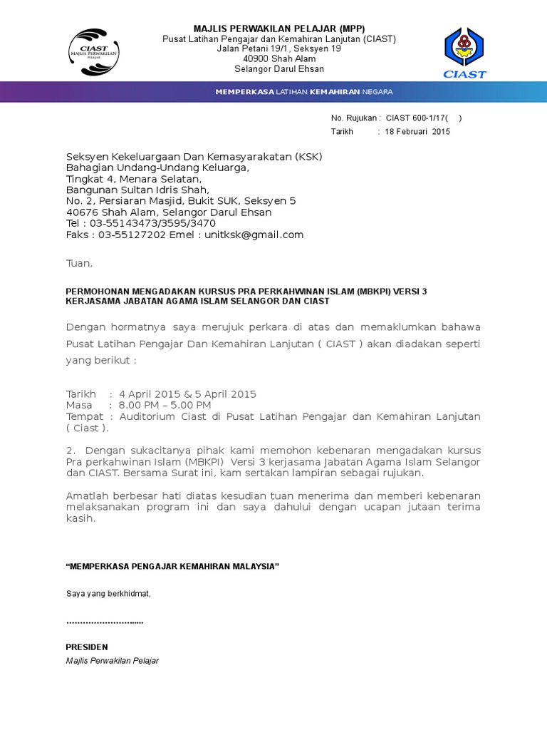 Surat Permohonan Kebenaran Kursus Kawin