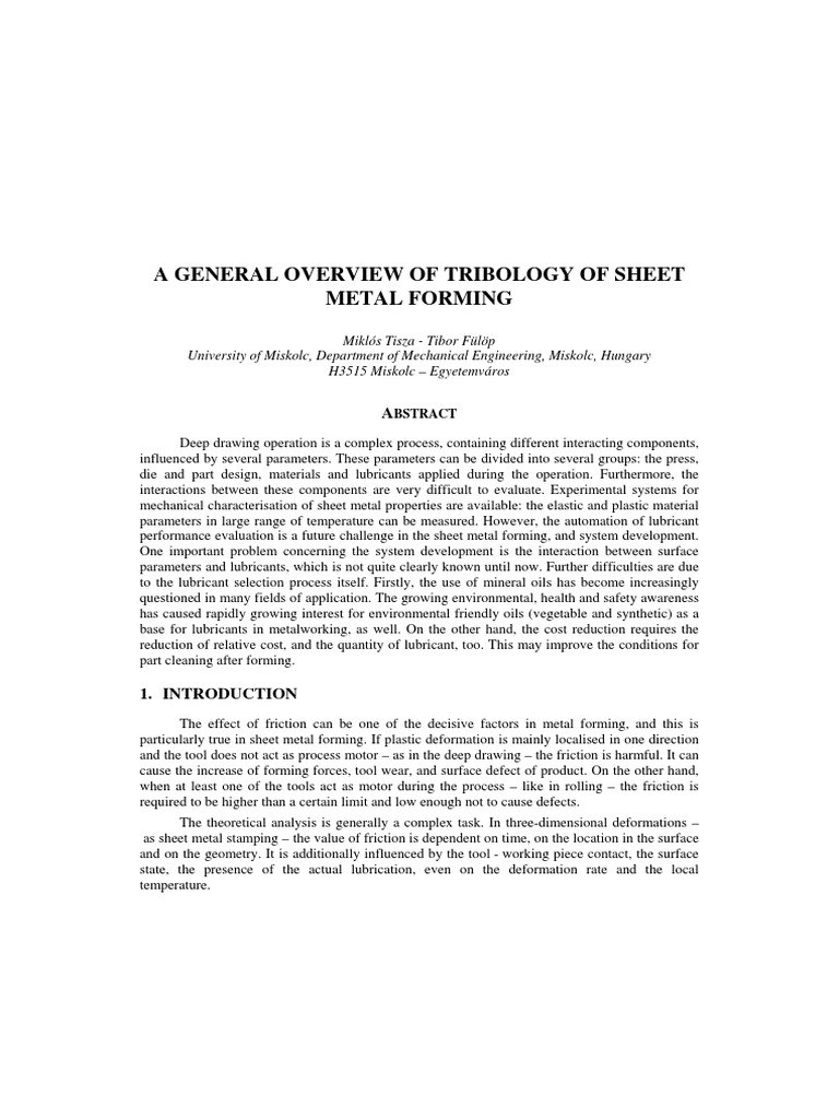 A General Overview of Tribology of Sheet Metal Forming PDF | PDF ...