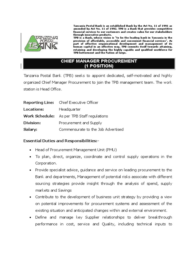 Chief Manager Procurement Position at TPB | PDF | Procurement | Banks
