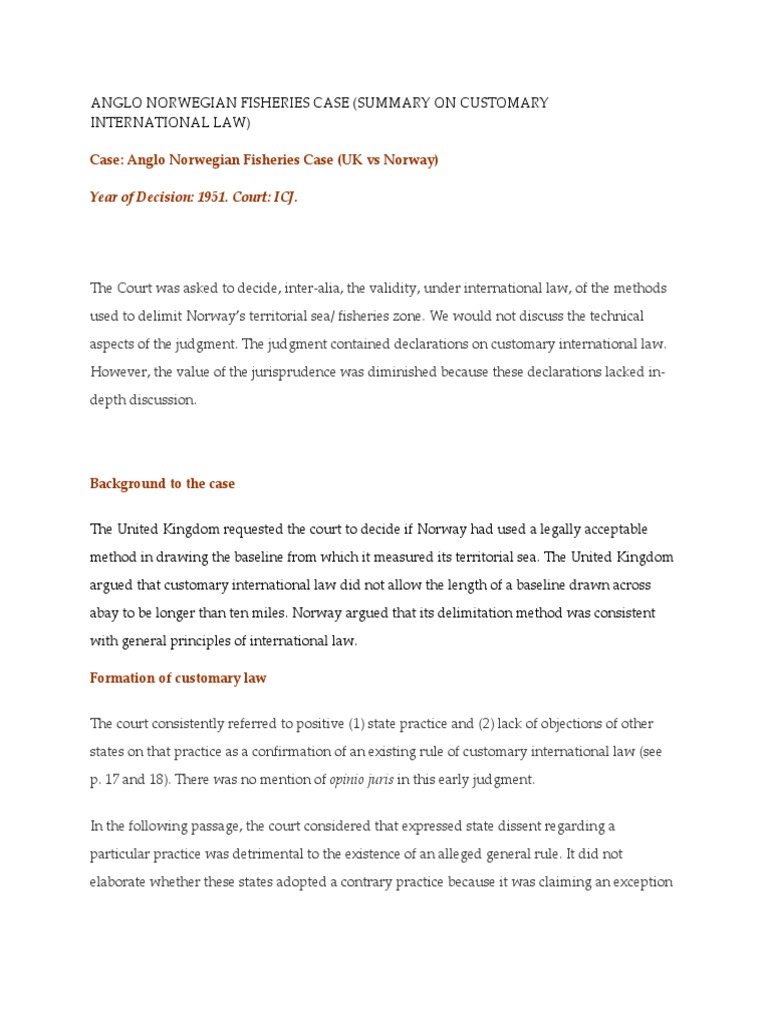 Anglo Norwegian Fisheries Case Pdf Public International Law