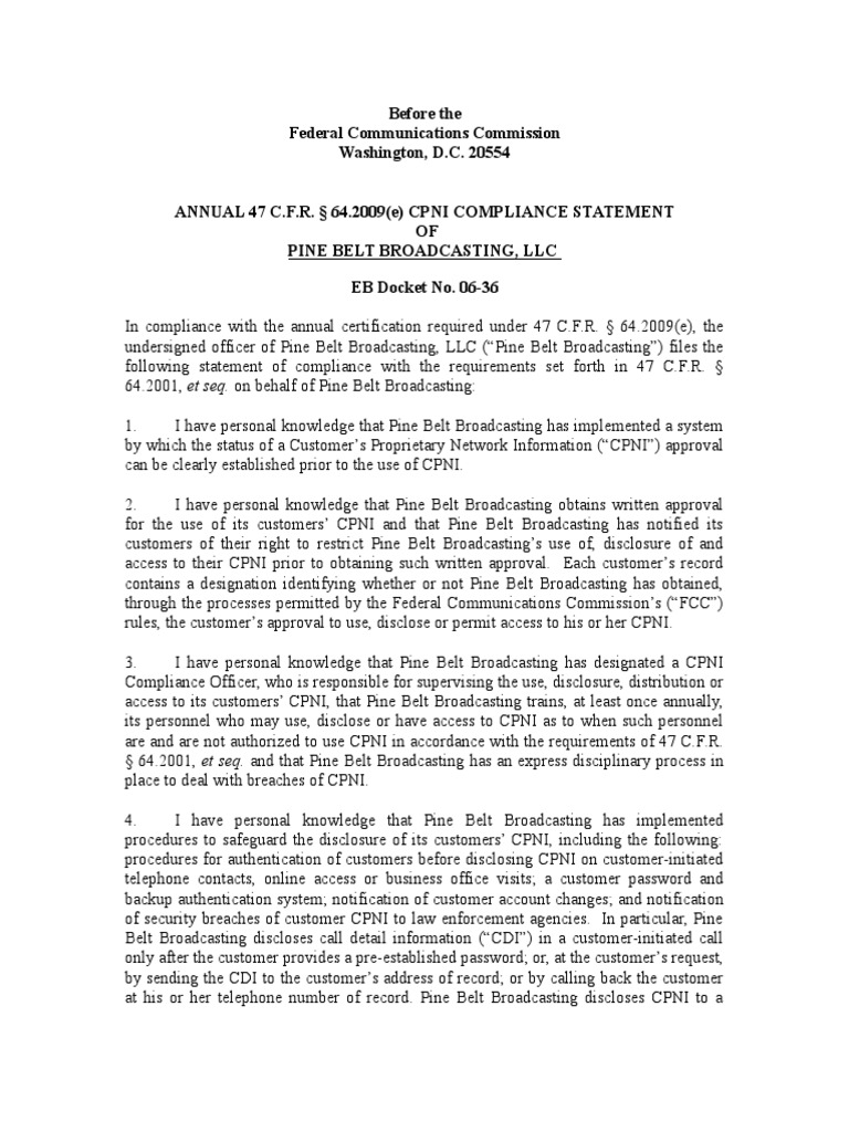 Pine Belt Broadcasting's CPNI Compliance Statement PDF Federal Communications Commission