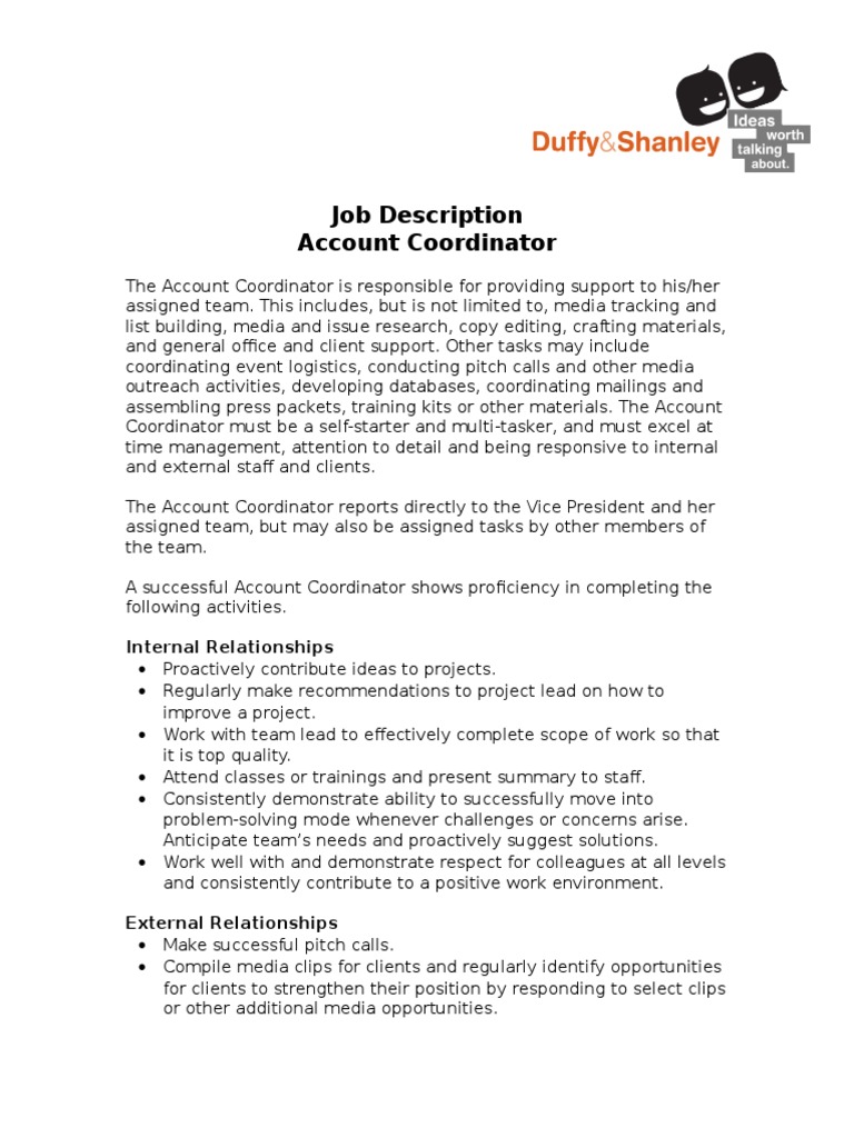 Job Description Account Coordinator Internal Relationships Communication Cognitive Science