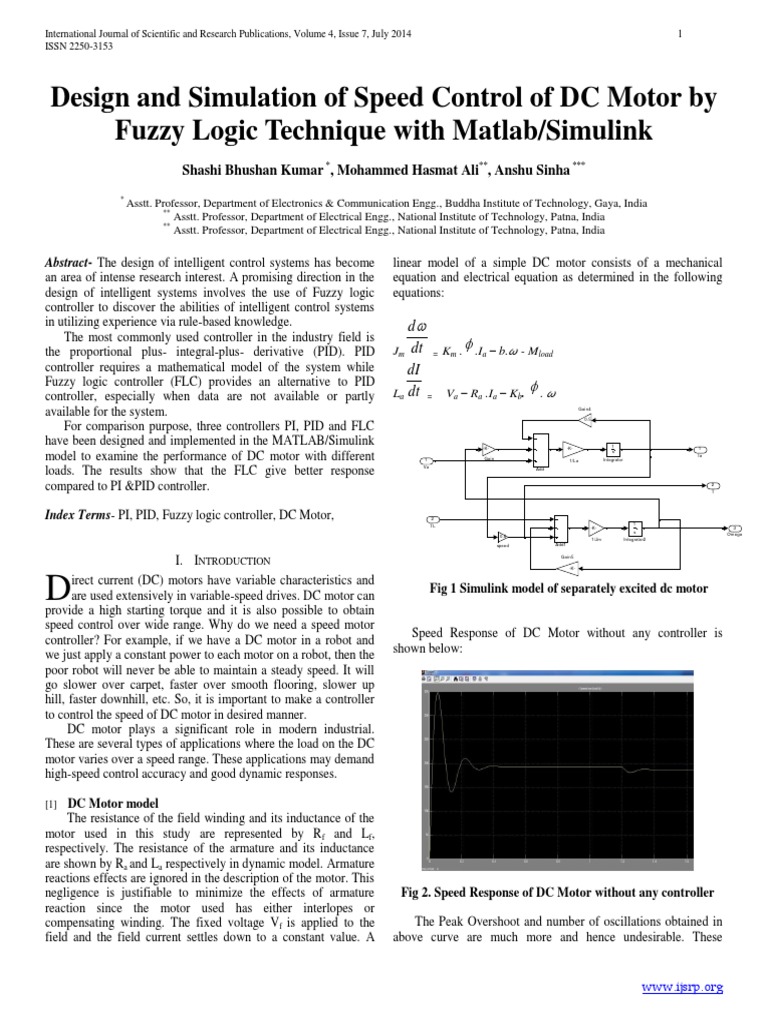 Design and Simulation of Speed Control of DC Motor by Fuzzy Logic ...