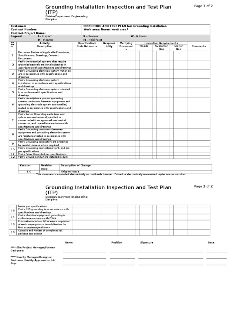 Grounding Installation Inspection and Test Plan (ITP) Specification