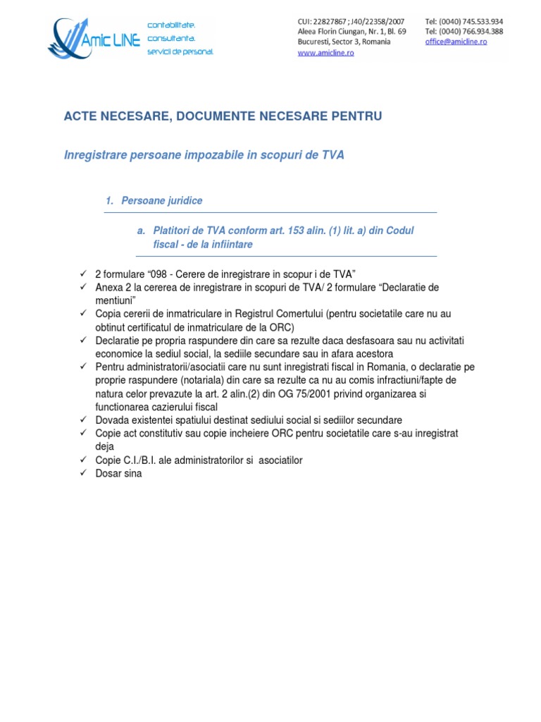 Acte Necesare Documente Necesare Inregistrare In Scopuri De Tva Persoane Juridice