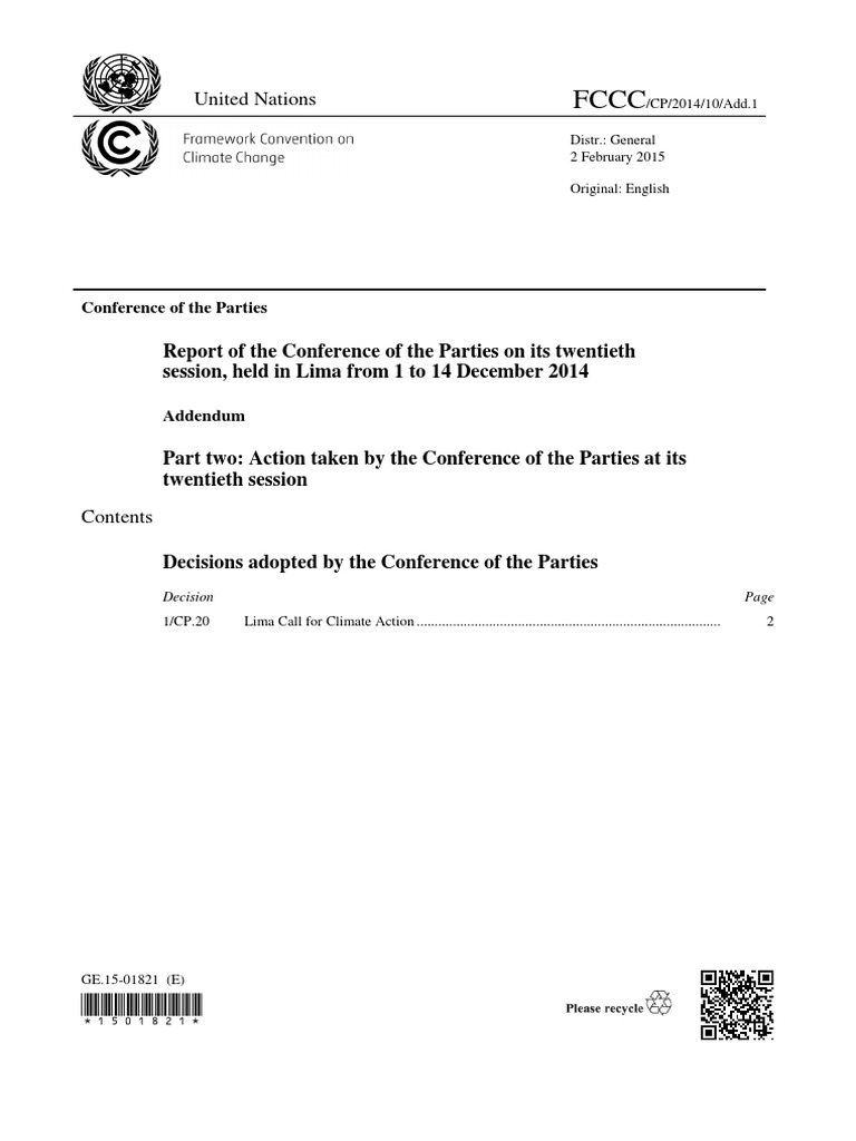 FCCC/CP/2014/10/Add 1 | PDF | United Nations Framework Convention On ...