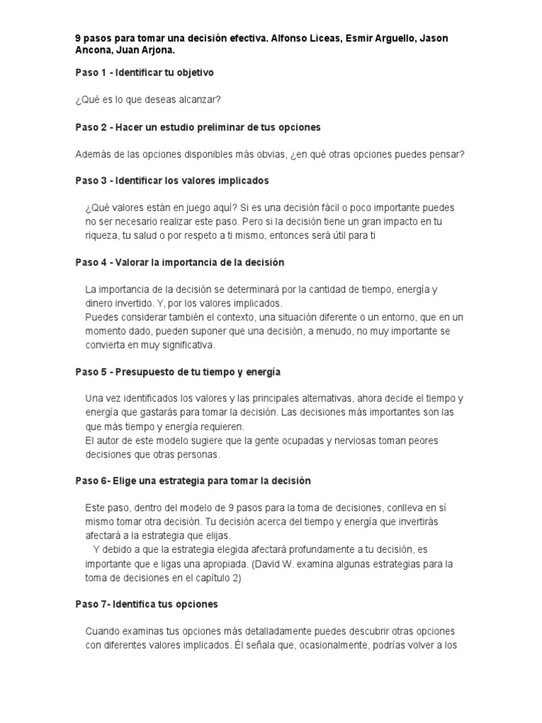 9 Pasos para una Decisión Efectiva | PDF | Toma de decisiones ...