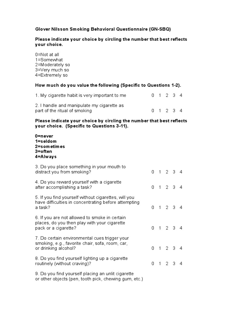 cigarette smoking questionnaire Survey Template Glover Nilsson Smoking Behavior Survey
