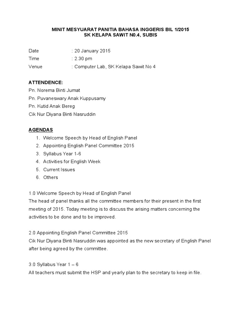 Minit Mesyuarat Panitia Bahasa Inggeris Bil 1 Pdf