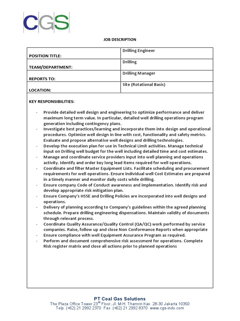 Job Description Drilling Engineer Quality Assurance Engineering