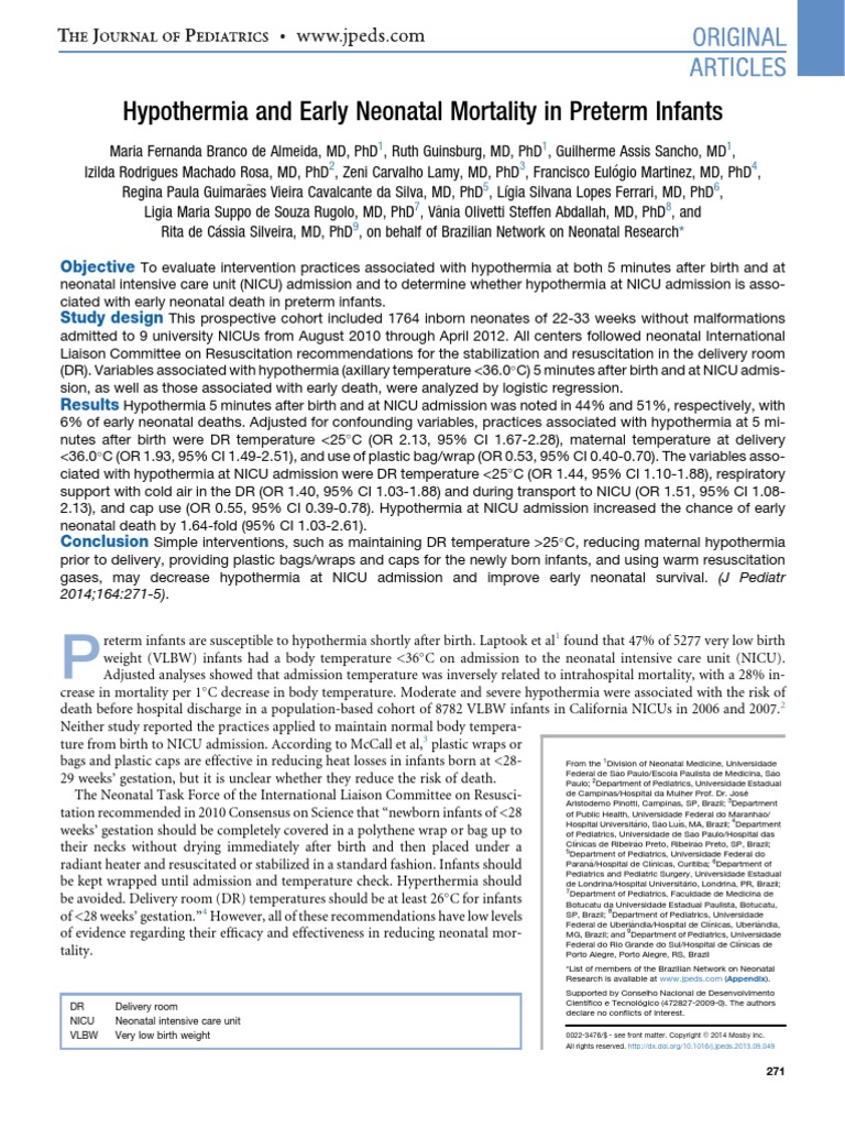 Hypothermia and Early Neonatal Mortality in Preterm Infants | PDF ...
