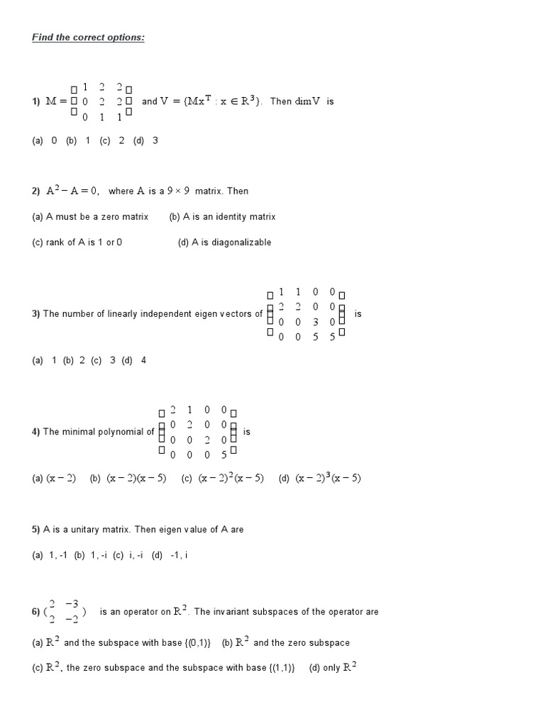 Linear Algebra MCQs and Answers PDF | PDF | Eigenvalues And ...