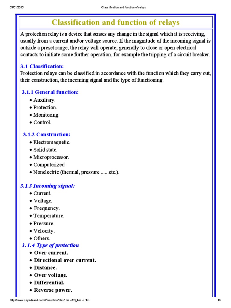 Classification and Function of Relays Relay Induction