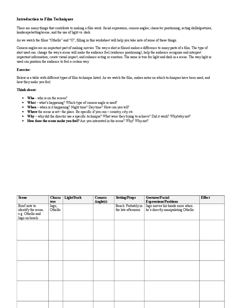 Worksheet Othello Film10x Docx