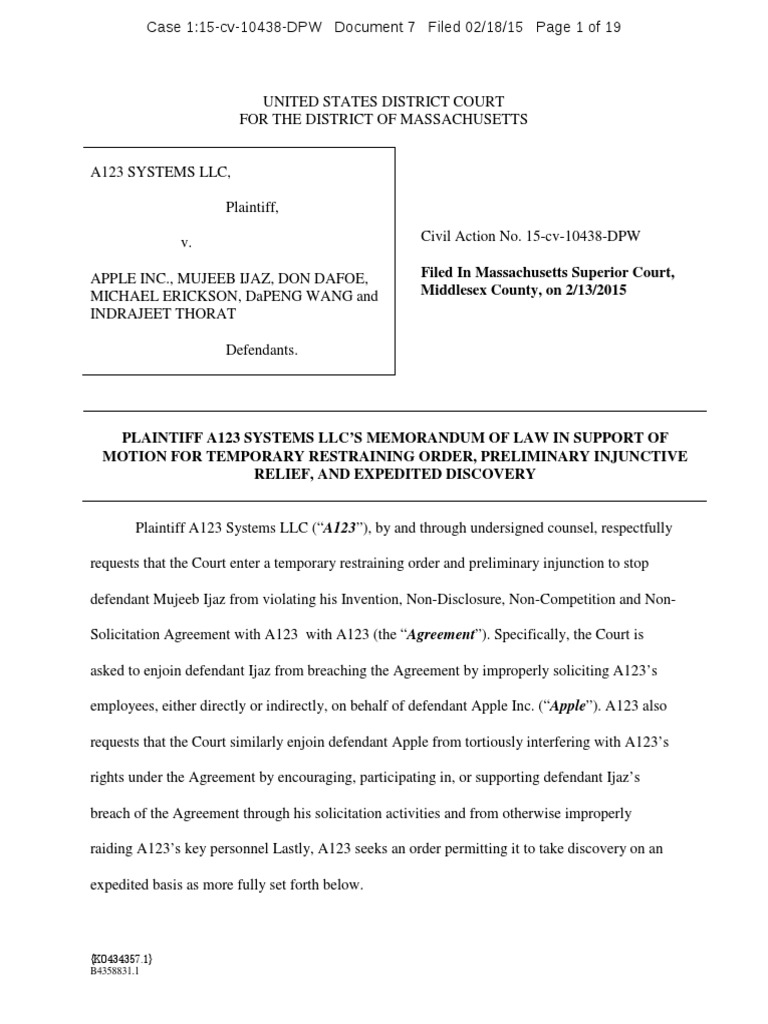 A123 Complaint | PDF | Injunction | Non Disclosure Agreement