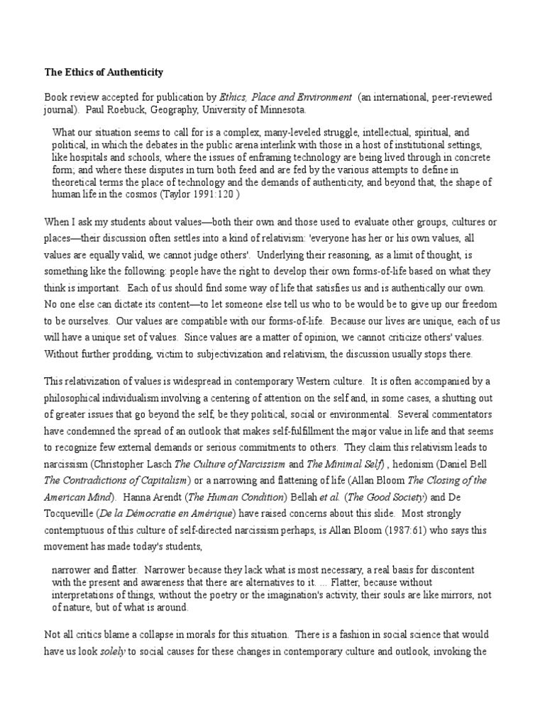 Review of Taylor's Ethics of Authenticity | PDF | Social Science ...