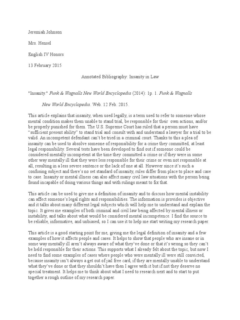 Annotated Bibliography | PDF | Insanity Defense | Crime & Violence