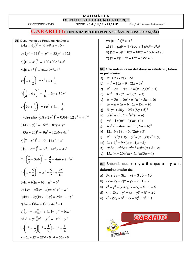Exercícios de Fatoração e Produtos Notáveis | PDF