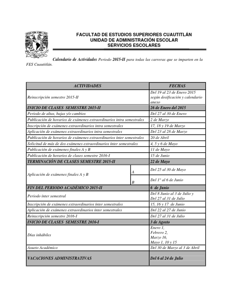 Calendario de Actividades FESC Periodo 2015II