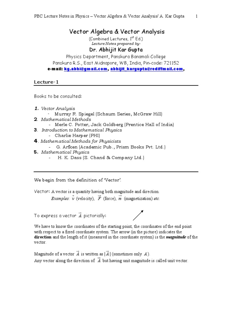 Vector Algebra and Analysis Lecture Notes | PDF | Euclidean Vector ...