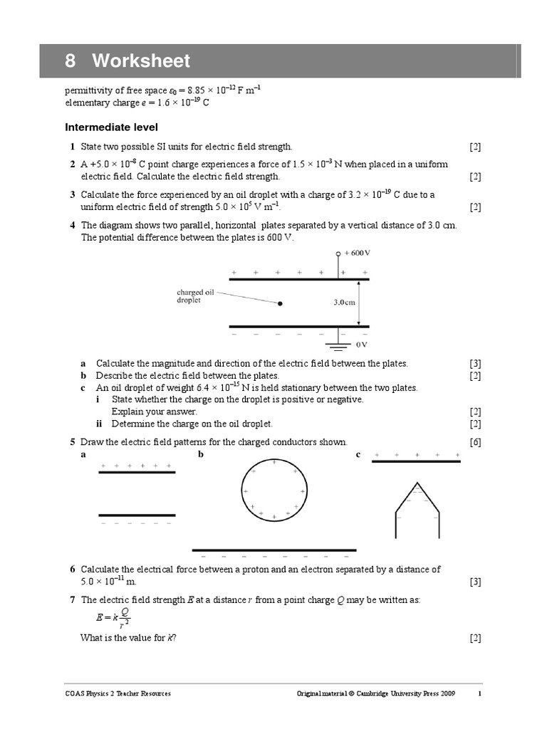 5.1.1_Worksheet | Electric Field | Electric Charge