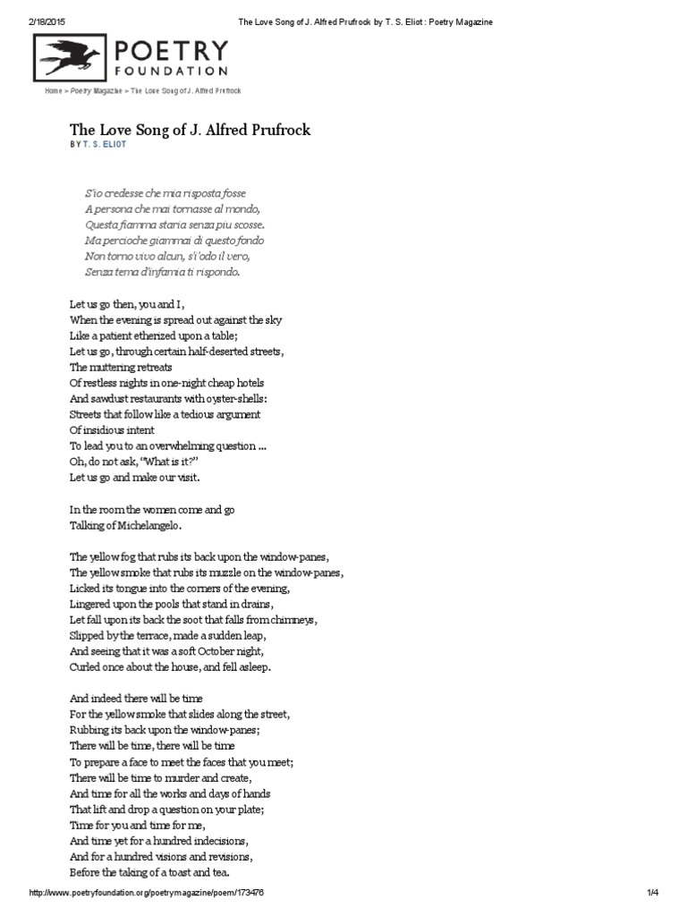 The Love Song of J Alfred Prufrock by T S Eliot PDF Poetry