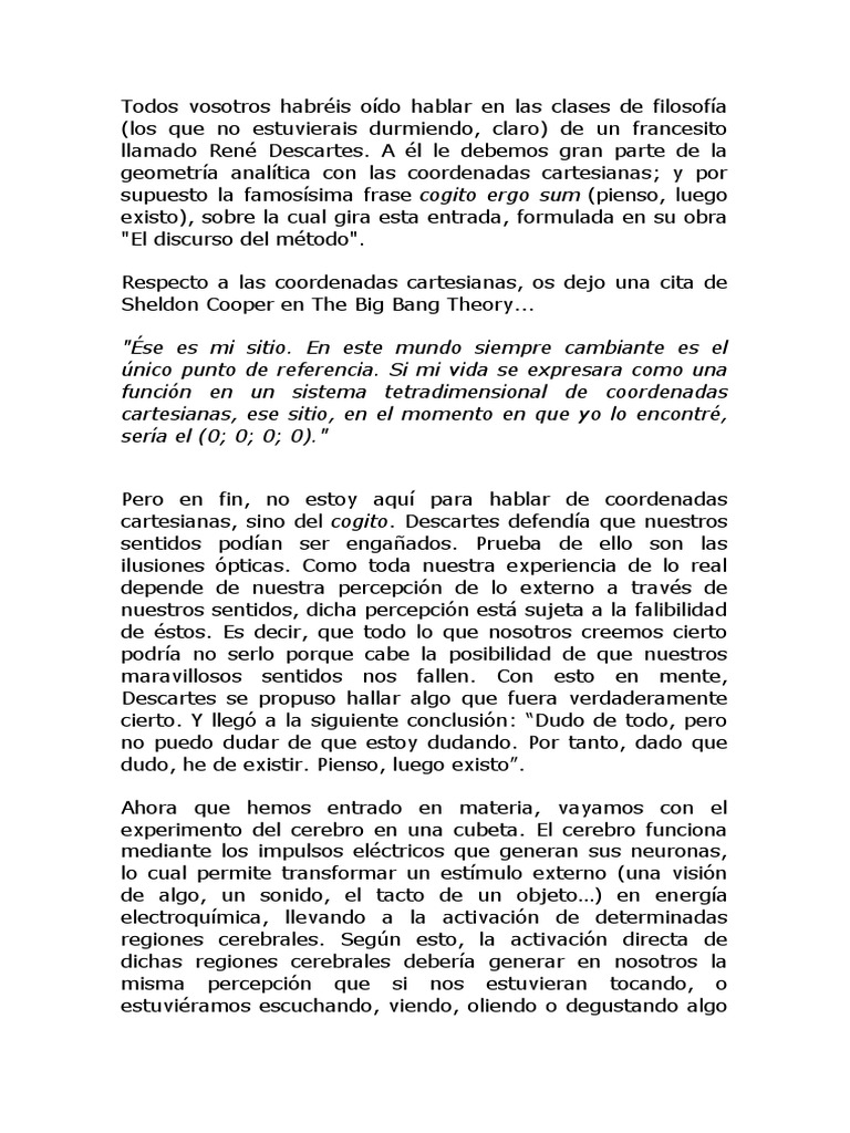 Y Si Fuéramos Cerebros en Una Cubeta... PDF René Descartes Cerebro