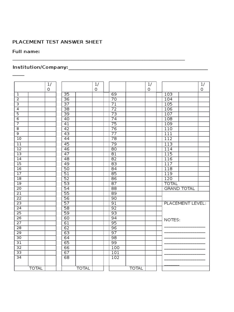 Placement Test Answer Sheet Full Name: - Institution/Company | PDF ...