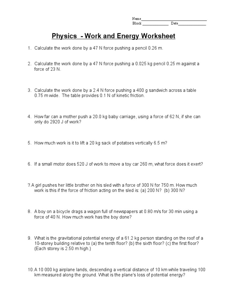 25a - Work and Energy Worksheet  Kinetic Energy  Potential Energy With Work And Energy Worksheet