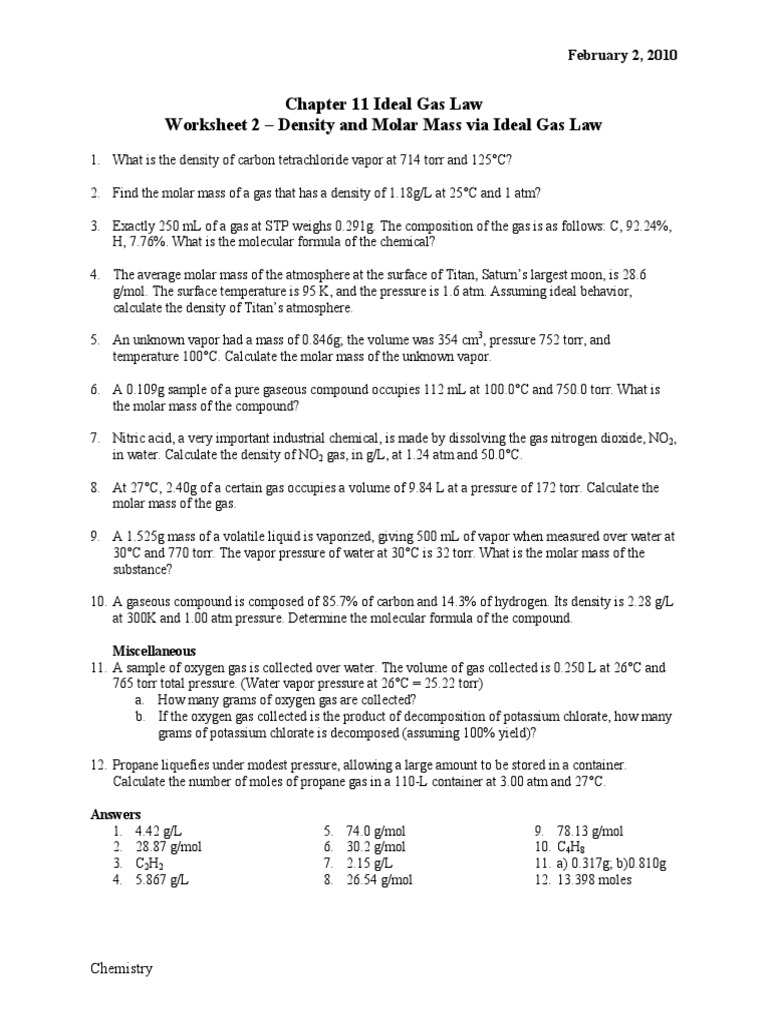 Worksheet Ideal Gas Law Gas Density And Molar Mass With Answers Ii