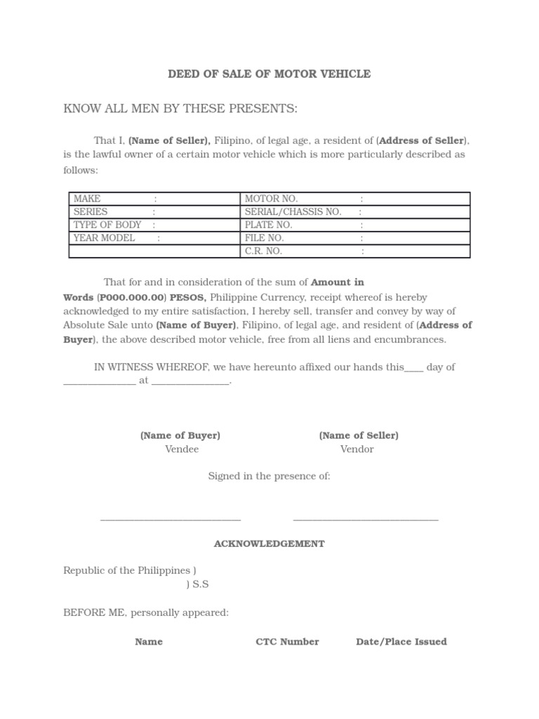 Deed of Sale of Motor Vehicle Lease Mortgage Law
