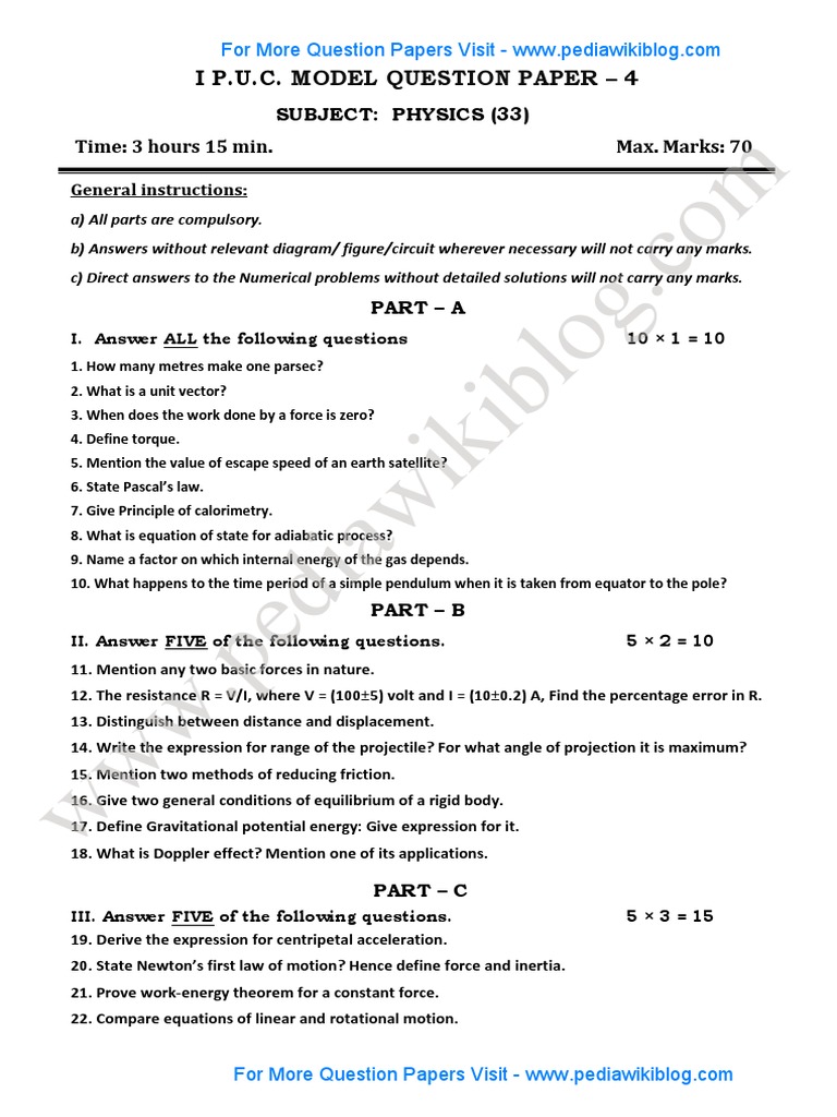 1st PU Physics Model QP 4 PDF | PDF | Rotation Around A Fixed Axis | Force