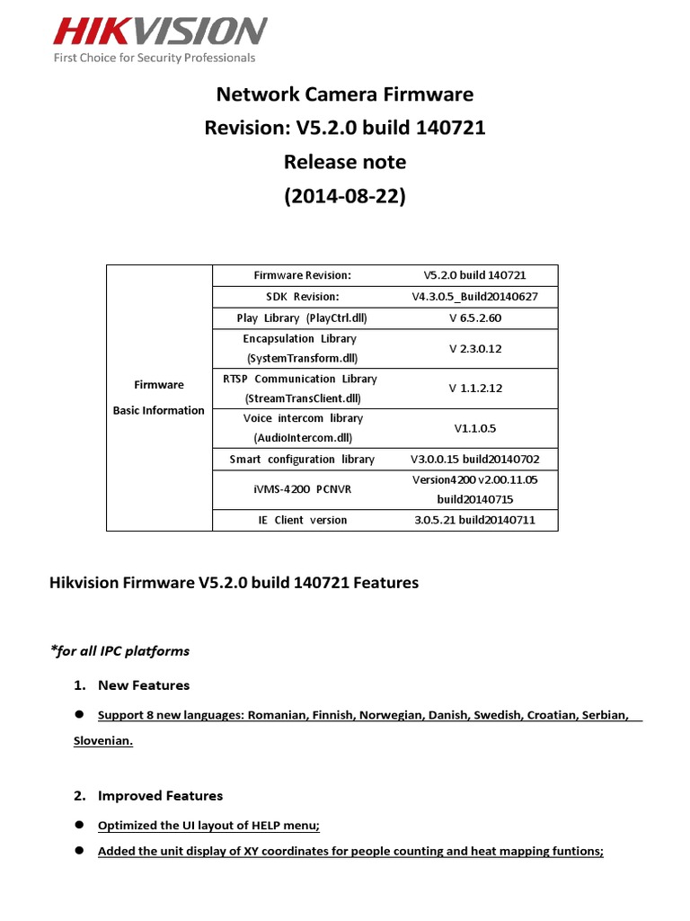 IP Camera Firmware 5.2.0 Release Note | PDF | Digital Technology ...