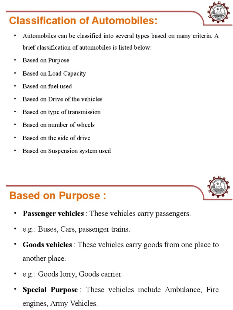 Types and Classification of Automobiles | PDF | Transmission (Mechanics ...